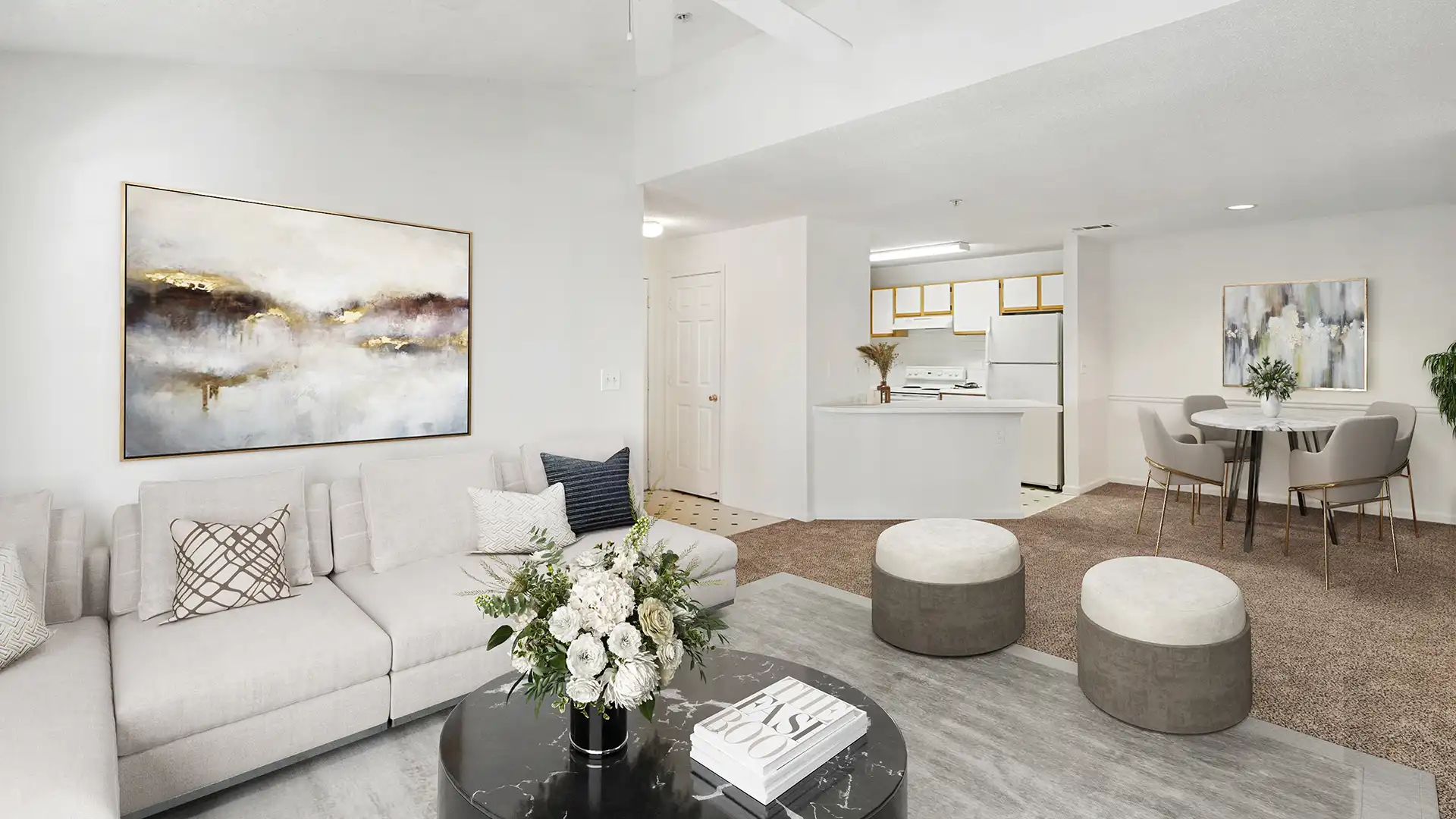 Model living room with carpeting